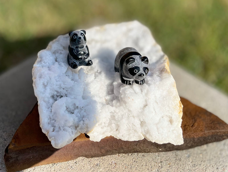 Panda Bear PAIR Spirit Stone Animal Carved from Black Obsidian FB3170 🐼
