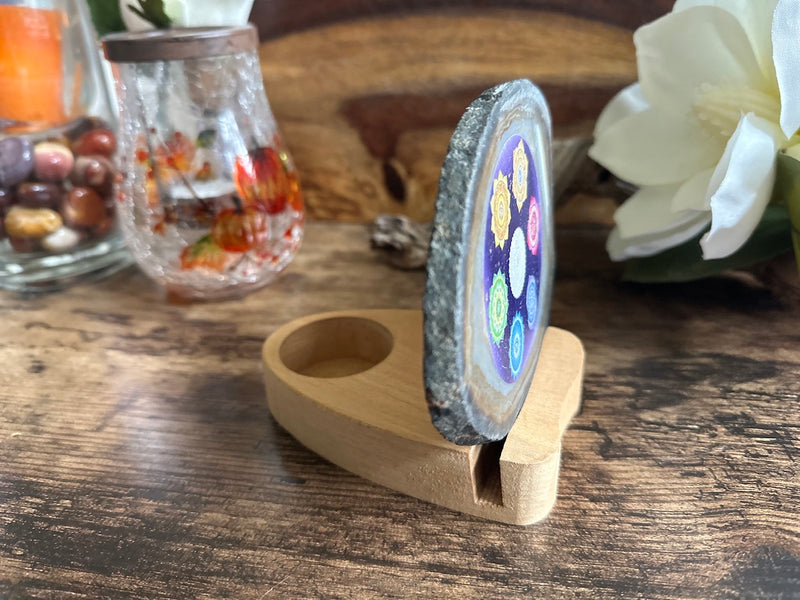 Chakra Symbols Polished Agate Slice / Slab with Tealight Slabe Holder FB1285