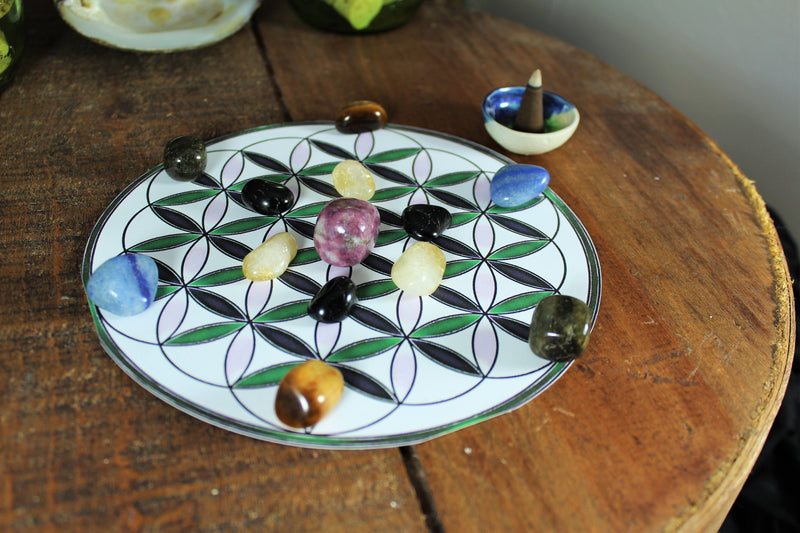Banish Anxiety and Worries Crystal Grid with Flower of Life layout