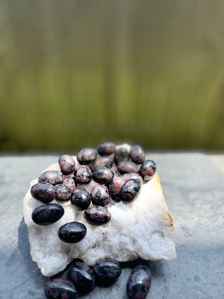 Tumbled Astrophyllite with Garnet, for awareness, letting go, moving forward
