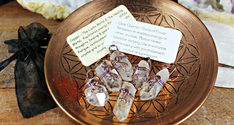 Clear Quartz and Antiqued Copper Pendants