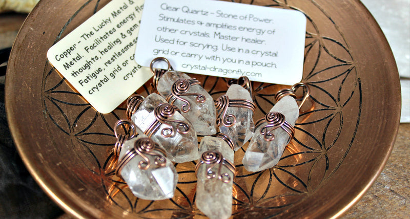 Clear Quartz and Antiqued Copper Pendants