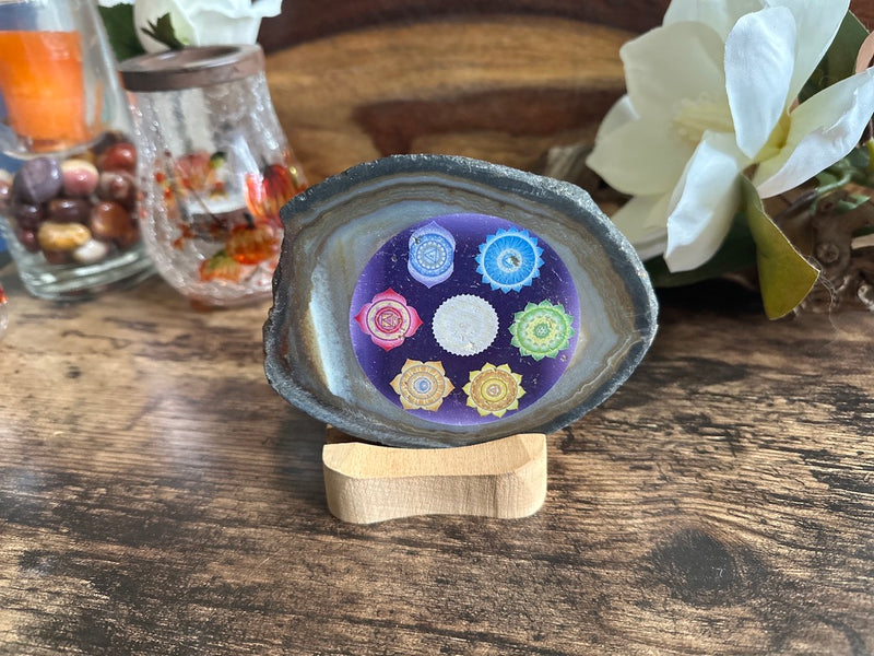 Chakra Symbols Polished Agate Slice / Slab with Tealight Slabe Holder FB1285