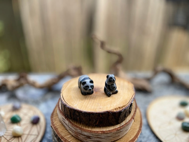 Panda Bear PAIR Spirit Stone Animal Carved from Black Obsidian FB3170 🐼