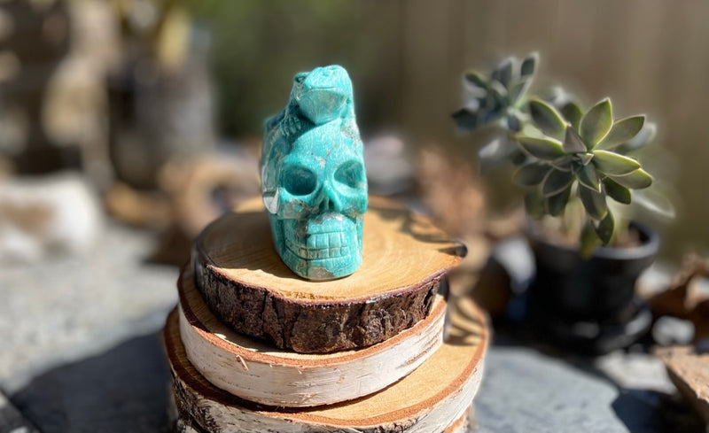 Amazonite (with smoky quartz and black tourmaline), AA Quality Skull with Lizard FB2626
