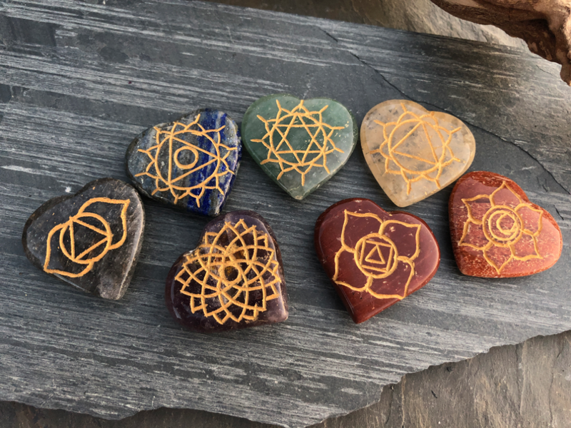 Chakra Stone Carved Heart Collection with Symbols and Pouch FB2057
