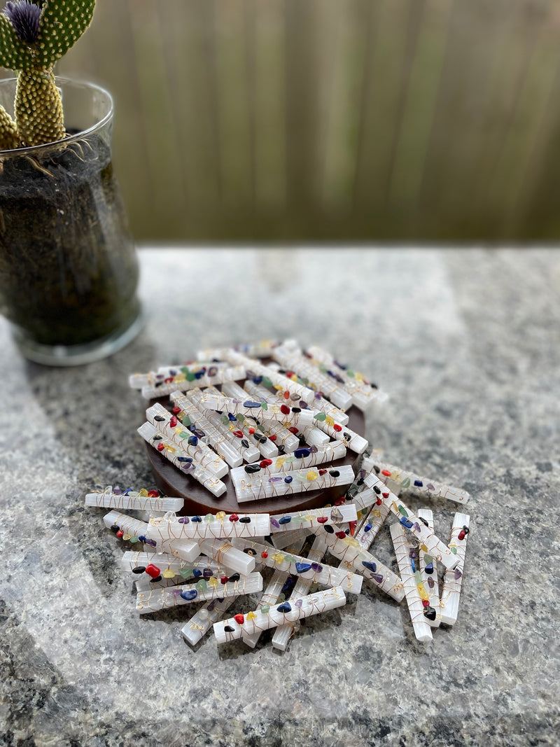 Selenite Polished Stick with Chakra Chip Gemstones Wire Wrap FB1183