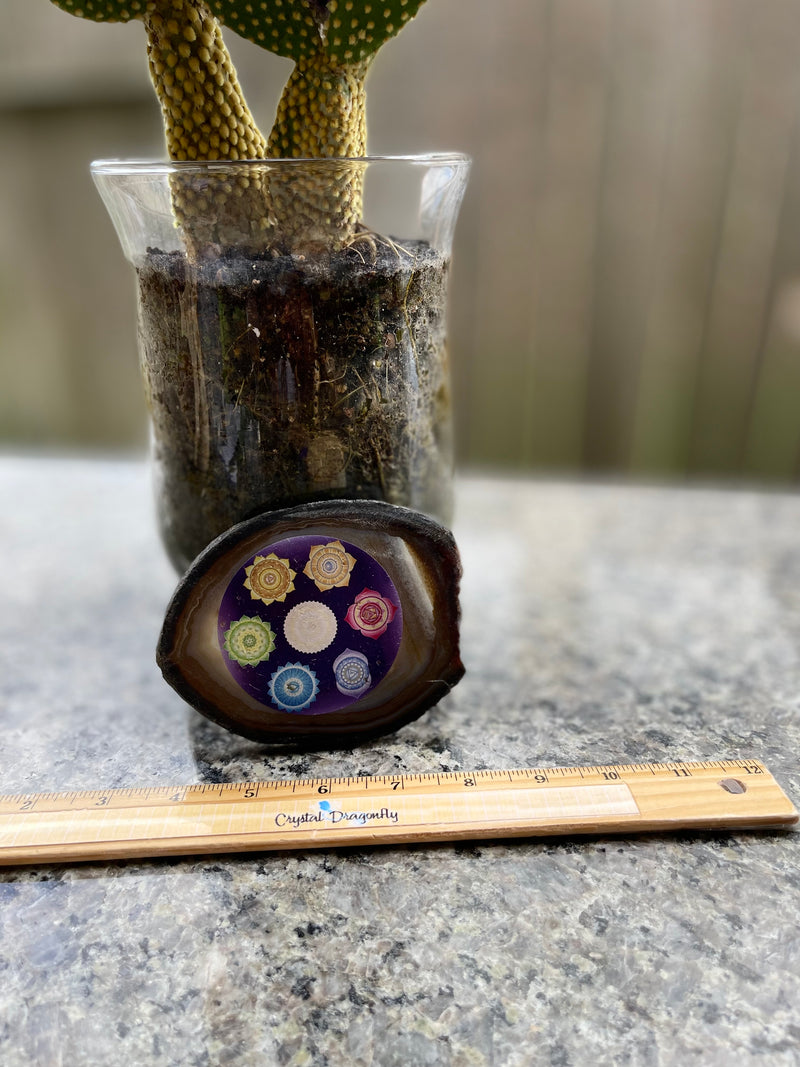 Chakra Symbols Polished Agate Slice / Slab with Tealight Slabe Holder FB1285