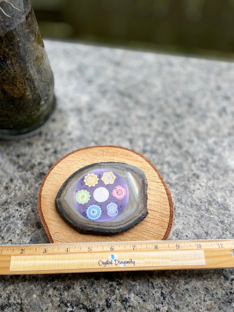 Chakra Symbols Polished Agate Slice / Slab with Tealight Slabe Holder FB1285
