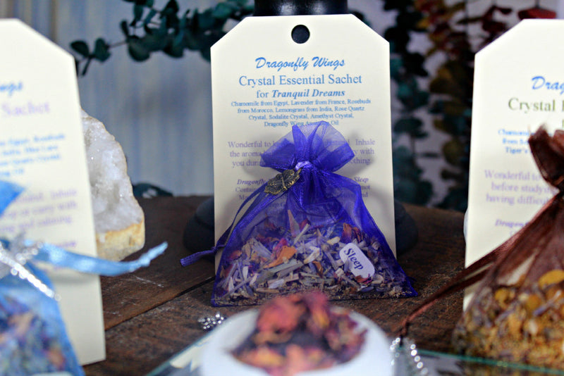 Dragonfly Wings - Crystal Essential Sachets - Calm , Tranquil Dreams, Focus, Energize, Protection, Business Prosperity