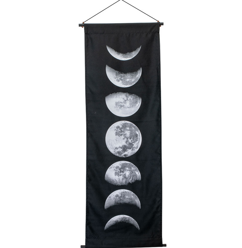 Reiki Symbol or Moon Phases Black Cotton Wall Banner, Hand Painted FB3243