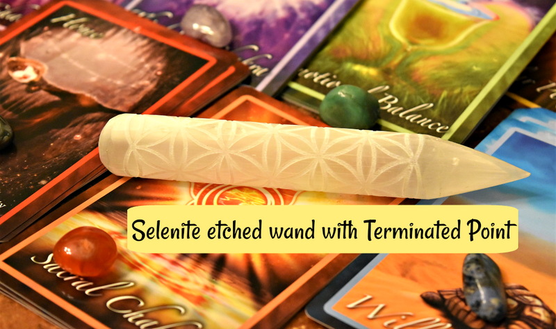 Selenite Rounded or Terminated Point Wands with Flower of Life etching; FB1496