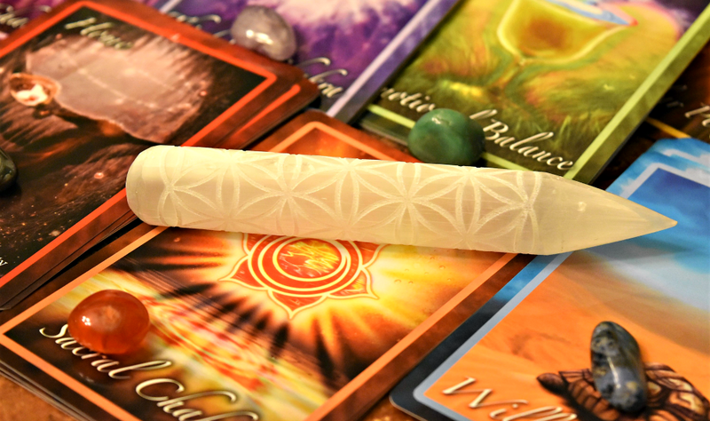 Selenite Rounded or Terminated Point Wands with Flower of Life etching; FB1496