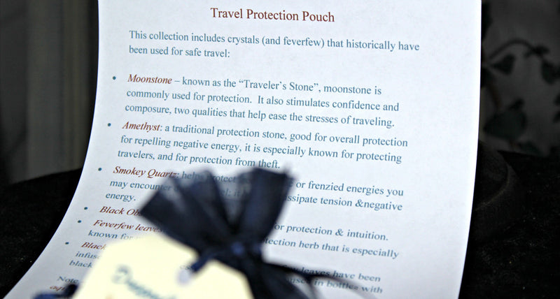 Travel Protection Pouch, Crystals & Black Tourmaline Oil infused Feverfew