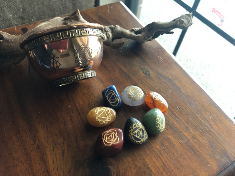 Tumbled Chakra Stones with Engraved Symbols and Pouch FB1966