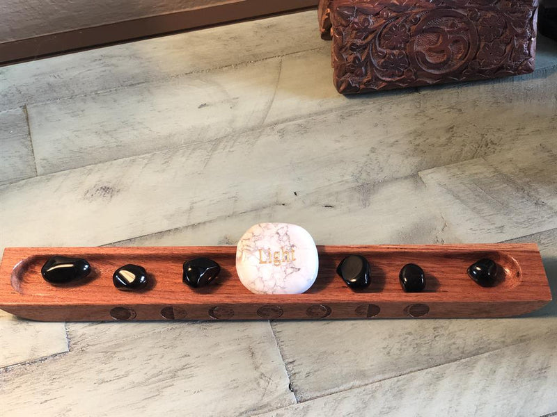 Handcrafted Wood Wide Incense Stick Holder (gemstone chips, incense sample), Display Piece; FB2590