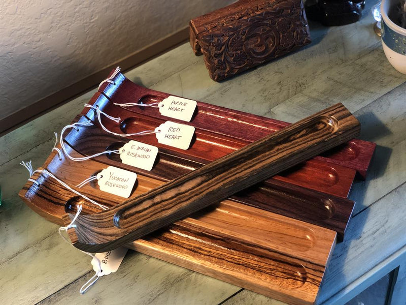 Handcrafted Wood Wide Incense Stick Holder (gemstone chips, incense sample), Display Piece; FB2590