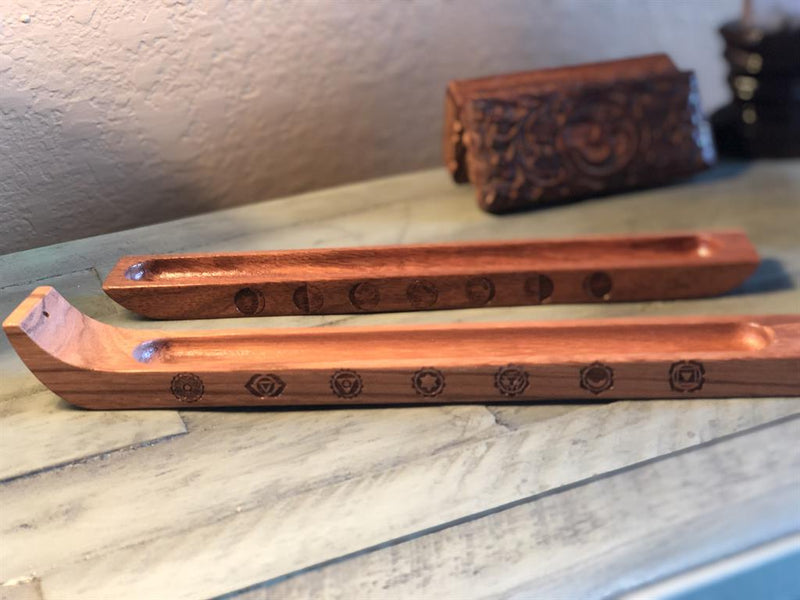 Handcrafted Wood Wide Incense Stick Holder (gemstone chips, incense sample), Display Piece; FB2590